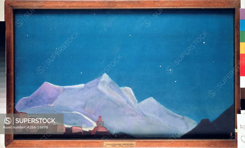 Hemis Royal Monastery. Tibet by Roerich, Nicholas (1874-1947)/ State Tretyakov Gallery, Moscow/ 1932/ Russia/ Tempera on canvas/ Symbolism/ 46x78,8/ Landscape