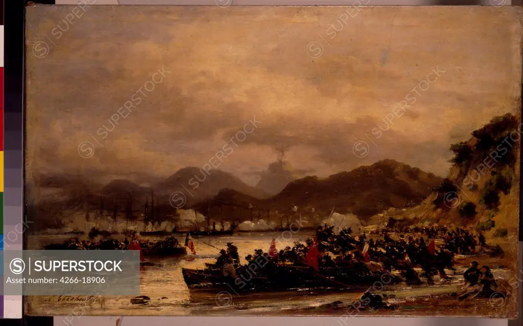 The Landing of the allied troops in the Crimea by Bogolyubov, Alexei Petrovich (1824-1896)/ State Tretyakov Gallery, Moscow/ 1855/ Russia/ Oil on canvas/ Russian Painting of 19th cen./ 30x47,5/ History
