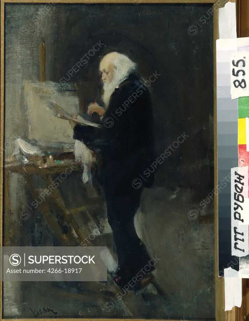 The painter Nikolai Ge (1831-1894) at work by Ulyanov, Nikolai Pavlovich (1875-1949)/ State Tretyakov Gallery, Moscow/ 1895/ Russia/ Oil on cardboard/ Russian Painting of 19th cen./ 50,2x38,5/ Portrait