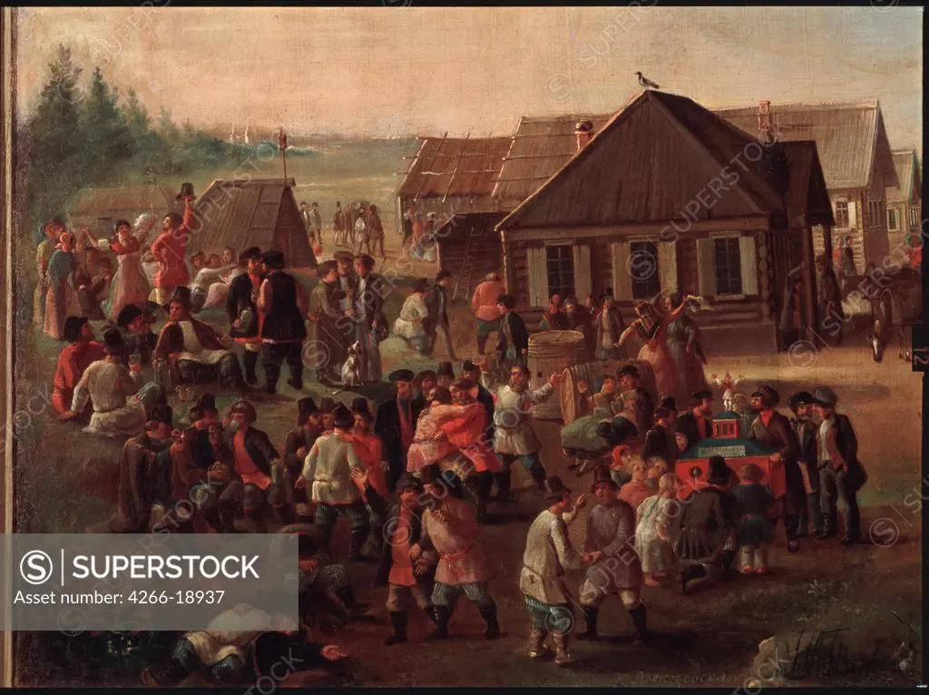 Public merry-making in Alexeevskoye Village by Russian master  / State Tretyakov Gallery, Moscow/ Mid of the 19th cen./ Russia/ Oil on canvas/ Russian Painting of 19th cen./ Genre