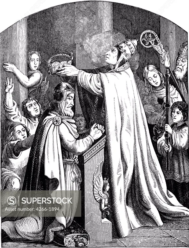 Coronation of Charles the Great by Johann Jakob Kirchhoff, woodcut, 1840, 1796-1848, Private Collection