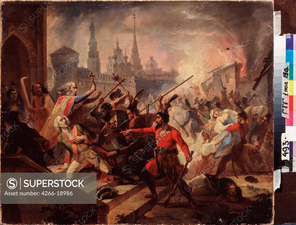 The Pugachev's Battle of Kazan on July 1774 (Scene from the Pugachev's Rebellion) by Russian Master  / State Tretyakov Gallery, Moscow/ 1840s/ Russia/ Oil on canvas/ Russian Painting of 19th cen./ 57,5x70,5/ History