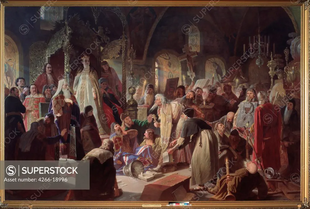 Old Believer Priest Nikita Pustosviat. Dispute on Matters of Faith by Perov, Vasili Grigoryevich (1834-1882)/ State Tretyakov Gallery, Moscow/ 1880-1881/ Russia/ Oil on canvas/ Russian Painting of 19th cen./ 336,5x512/ History