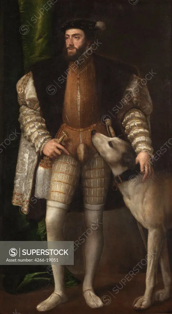 Portrait of Charles V of Spain (1500-1558) with his Dog by Titian (1488-1576)/ Museo del Prado, Madrid/ 1532-1533/ Italy, Venetian School/ Oil on canvas/ Renaissance/ 192x111/ Portrait