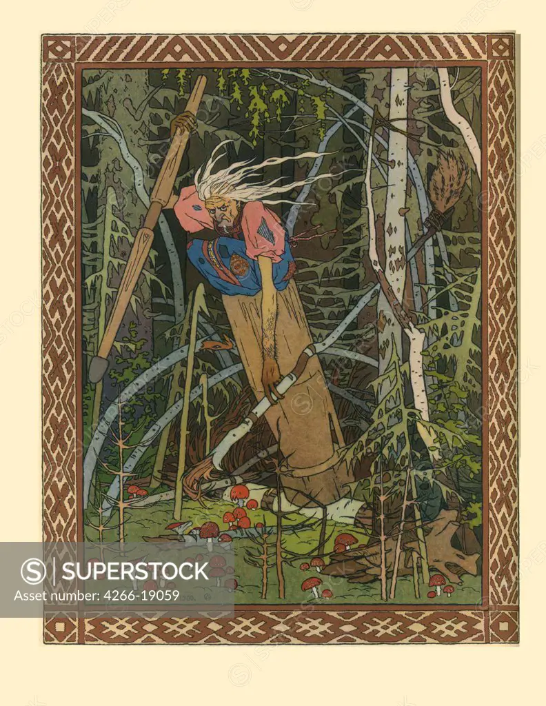 Baba Yaga (Illustration to the book 'Vasilisa the Beautiful') by Bilibin, Ivan Yakovlevich (1876-1942)/ Museum of the Goznak, Moscow/ 1900/ Russia/ Watercolour, ink, white and gold colours on paper/ Art Nouveau/ Mythology, Allegory and Literature