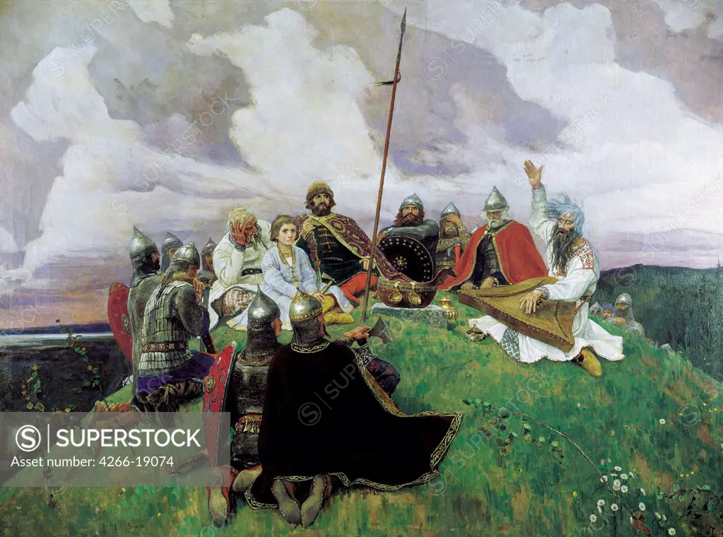 The Bard Bayan by Vasnetsov, Viktor Mikhaylovich (1848-1926)/ State Tretyakov Gallery, Moscow/ 1910/ Russia/ Oil on canvas/ Russian Painting, End of 19th - Early 20th cen./ 303x408/ Music, Dance,Genre,Mythology, Allegory and Literature