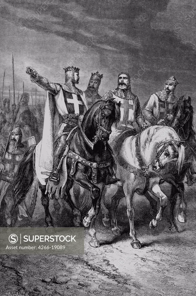 The four leaders of the First Crusade: Godfrey, Raymond, Bohemond and Hugh by Neuville, Alphonse Marie, de (1835-1885)/ Private Collection/ 1883/ France/ Lithograph/ Book design/ History