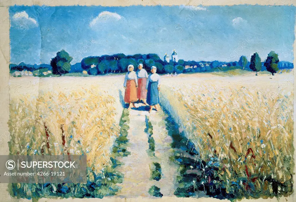 Three women on the road by Malevich, Kasimir Severinovich (1878-1935)/ State Russian Museum, St. Petersburg/ after 1927/ Russia/ Oil on canvas/ Russian avant-garde/ 28,5x43/ Landscape