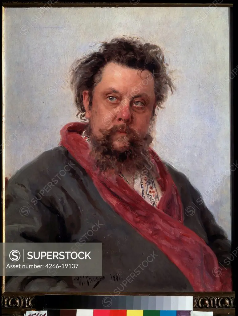 Portrait of the composer Modest Mussorgsky (1839-1881) by Repin, Ilya Yefimovich (1844-1930)/ State Tretyakov Gallery, Moscow/ 1881/ Russia/ Oil on canvas/ Russian Painting of 19th cen./ 69x57/ Music, Dance,Portrait