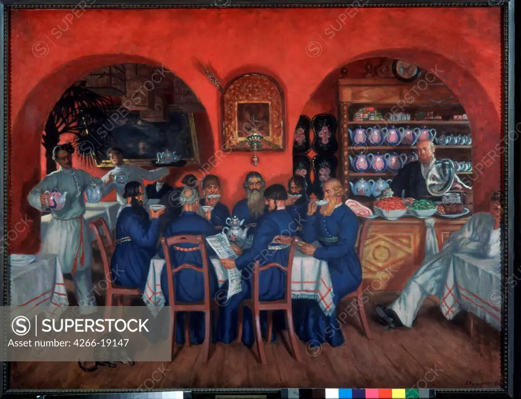 A Moscow tavern by Kustodiev, Boris Michaylovich (1878-1927)/ State Tretyakov Gallery, Moscow/ 1916/ Russia/ Oil on canvas/ Russian Painting, End of 19th - Early 20th cen./ 99,3x129,3/ Genre