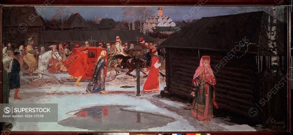 The 17th century wedding procession in Moscow by Ryabushkin, Andrei Petrovich (1861-1904)/ State Tretyakov Gallery, Moscow/ 1901/ Russia/ Oil on canvas/ Russian Painting, End of 19th - Early 20th cen./ 90x206,2/ Genre