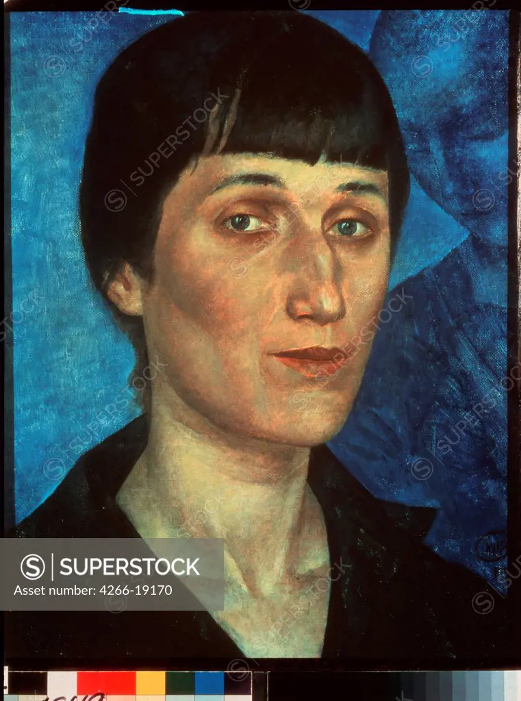Portrait of the Poetess Anna Akhmatova (1889-1966) by Petrov-Vodkin, Kuzma Sergeyevich (1878-1939)/ State Russian Museum, St. Petersburg/ 1922/ Russia/ Oil on canvas/ Russian Painting, End of 19th - Early 20th cen./ 54,5x43,5/ Portrait