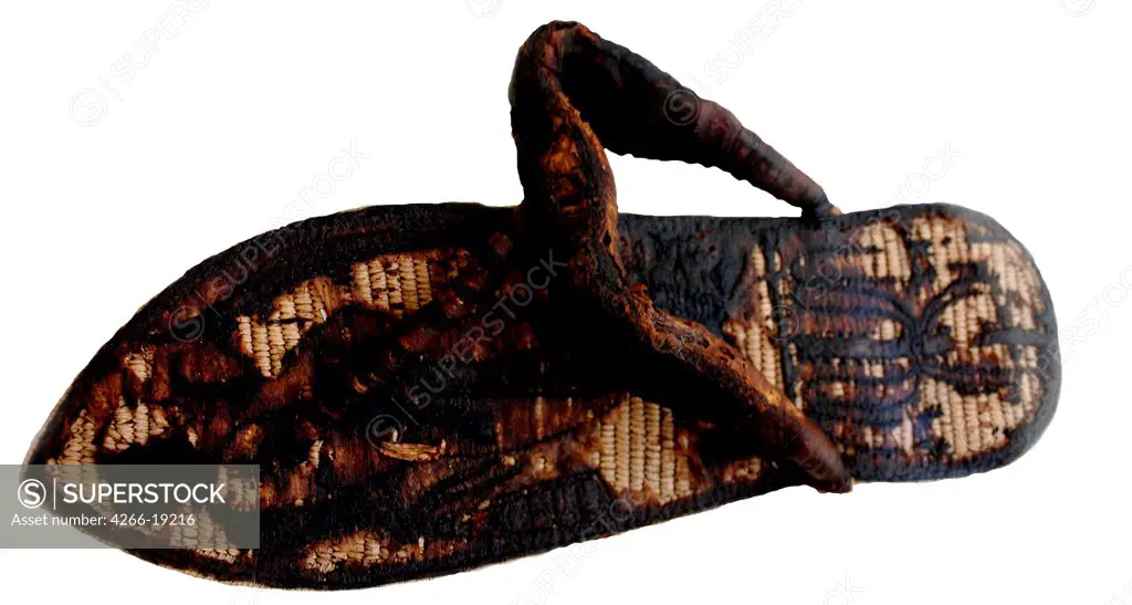 TutankhamunÍs sandal decorated with bound prisoners and sema-tawy symbols by Ancient Egypt  / The Egyptian Museum, Cairo/ 14th cen. BC/ Egypt/ Papyrus/ Applied Arts/ Objects