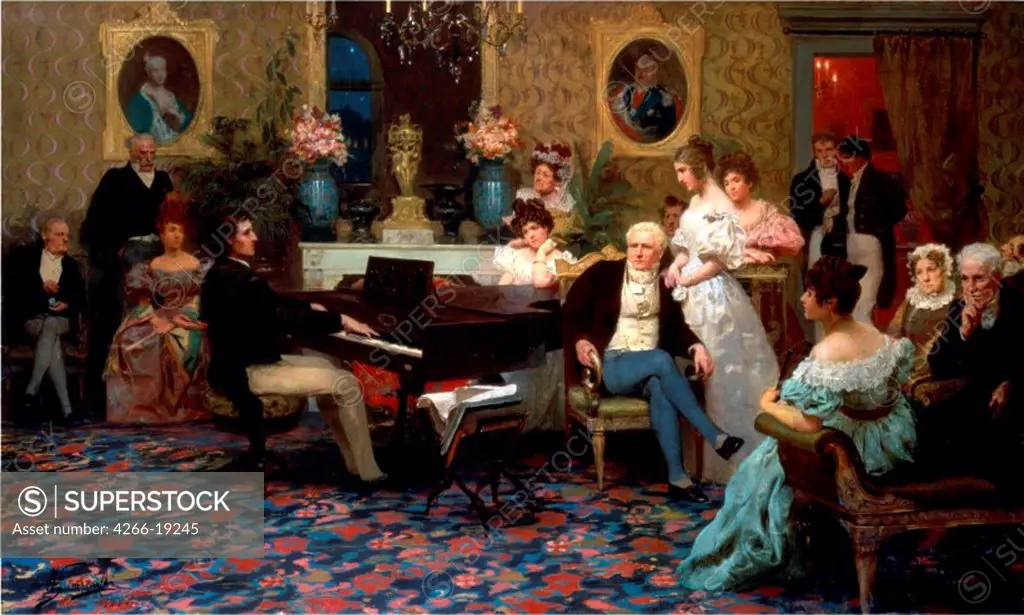 Chopin Playing the Piano in Prince Radziwill's Salon by Siemiradzki, Henryk (1843-1902)/ Private Collection/ 1887/ Poland/ Oil on canvas/ Academic art/ 142x211/ Music, Dance,Portrait,Genre