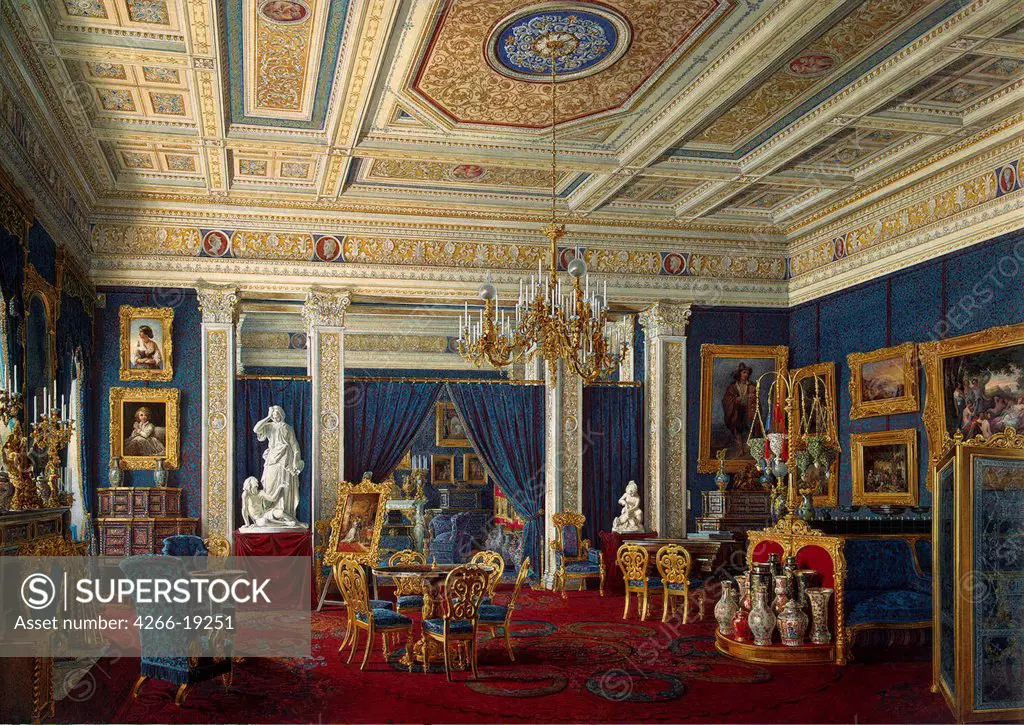 Blue Drawing-Room in the Mariinsky Palace in Saint Petersburg by Hau, Eduard (1807-1887)/ State Hermitage, St. Petersburg/ Mid of the 19th cen./ Russia/ Watercolour on paper/ Academic art/ 33,5x47,5/ Architecture, Interior