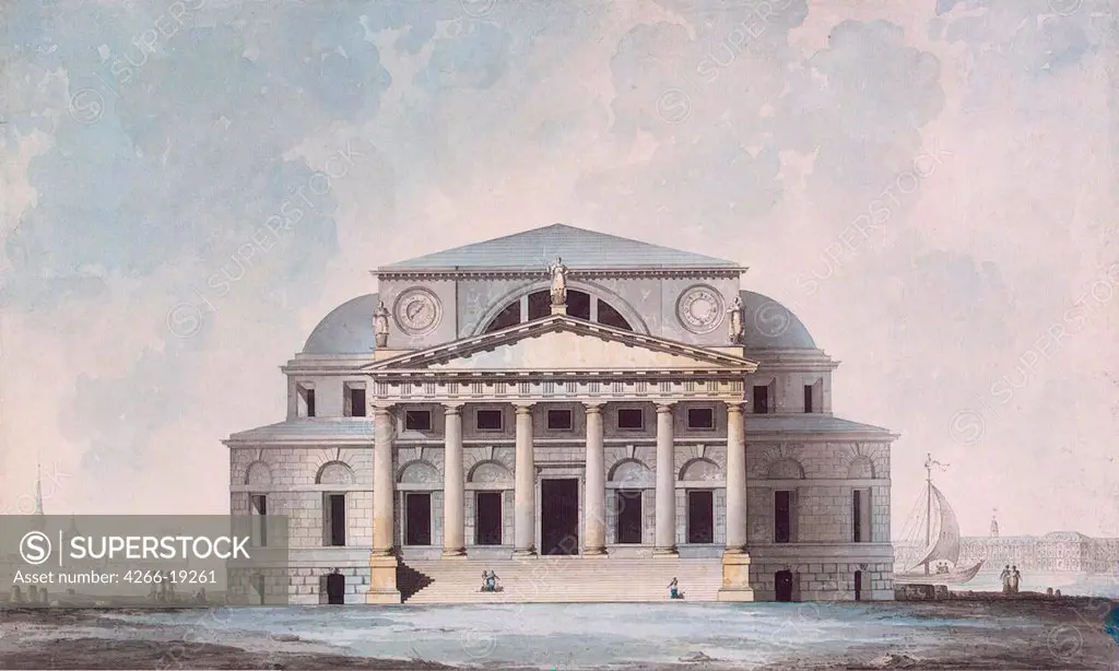 Facade of the Stock Exchange Building in Saint Petersburg by Quarenghi, Giacomo Antonio Domenico (1744-1817)/ State Hermitage, St. Petersburg/ 1783/ Italy/ Watercolour and ink on paper/ Classicism/ 35x58/ Architecture, Interior