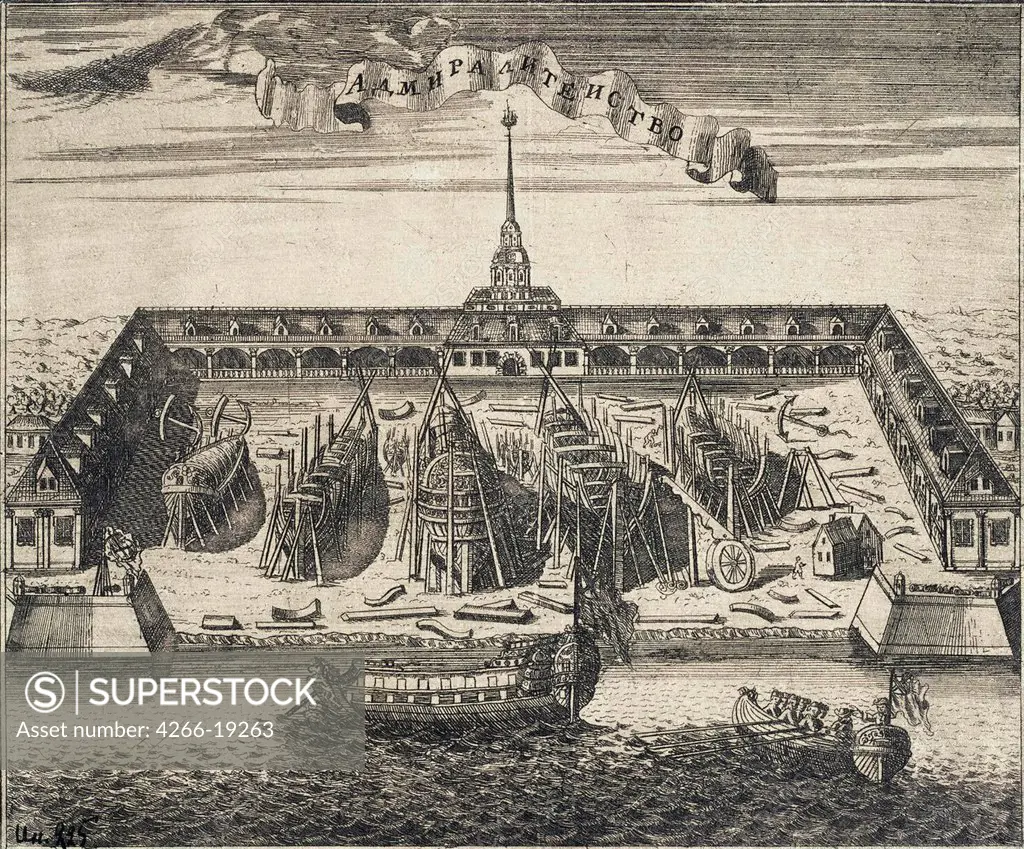 View of the Admiralty Shipyard in St. Peterburg by Rostovtsev, Alexei Ivanovich (1670s-1730s)/ State Hermitage, St. Petersburg/ 1717/ Russia/ Copper engraving/ Baroque/ 16,5x20,4/ Architecture, Interior,Landscape