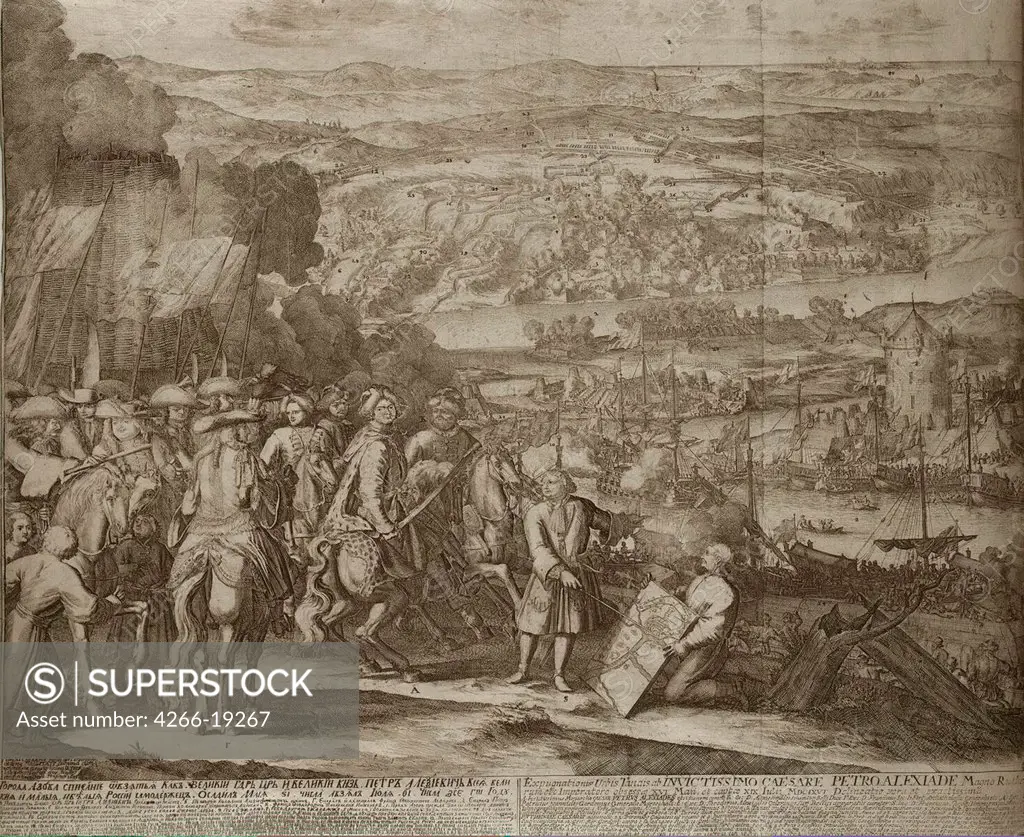 Siege of the Turkish Fortress Azov by Russian Forces in 1696 by Schoonebeek (Schoonebeck), Adriaan (1661-1705)/ State Hermitage, St. Petersburg/ um 1700/ Holland/ Etching/ Baroque/ 47x57/ History