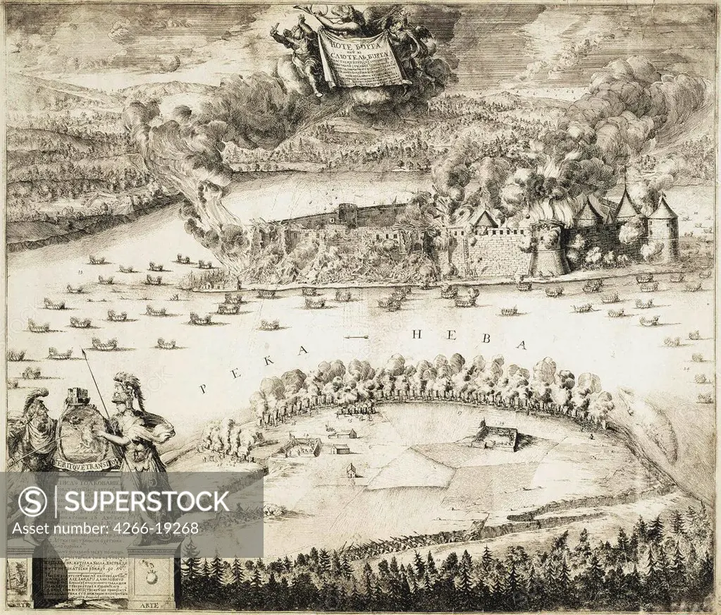 Taking of the Swedish Noteburg Fortress by Russian Troops on October 11, 1702 by Schoonebeek (Schoonebeck), Adriaan (1661-1705)/ State Hermitage, St. Petersburg/ 1703/ Holland/ Etching/ Baroque/ 50,5x60,5/ History