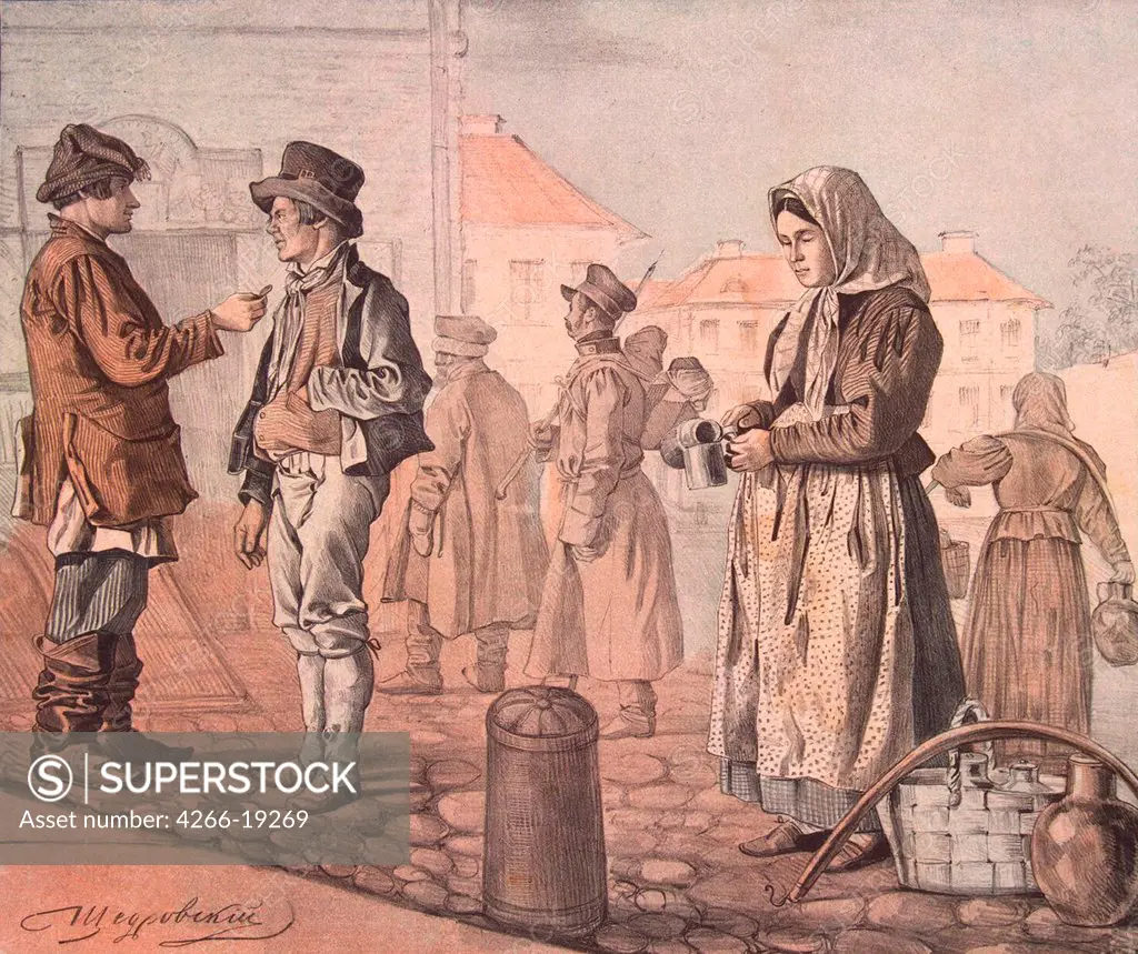 Street Milk Seller (From the Series 'These Are Our People') by Shchedrovsky, Ignati Stepanovich (1815-1870)/ State Hermitage, St. Petersburg/ 1842/ Russia/ Colour lithograph/ Romanticism/ 29,5x36/ Genre