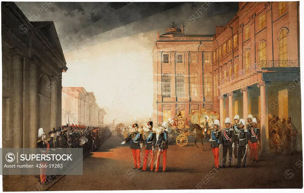 Parade in front of the Anichkov Palace on 26 February 1870 by Zichy, Mihaly (1827-1906)/ State Hermitage, St. Petersburg/ 1870/ Hungary/ Watercolour, Gouache on Paper/ Academic art/ 54x87/ Architecture, Interior,Genre,History