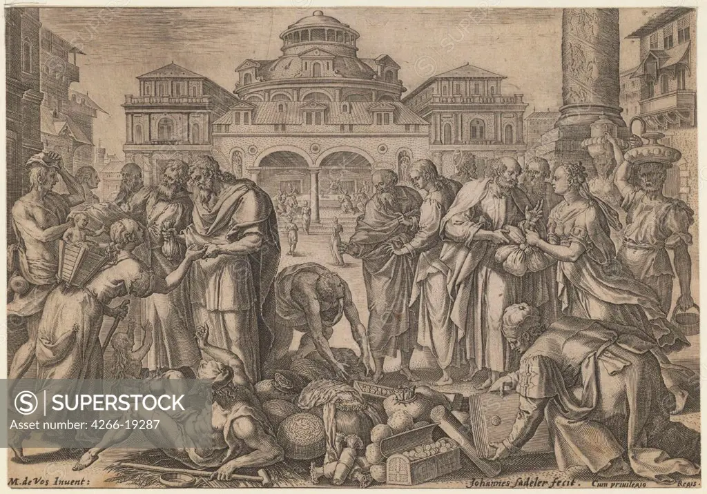 The Apostles Distribute the Money to those in Need by Sadeler, Jan (Johannes), the Elder (1550-1600)/ Private Collection/ ca. 1600/ Flanders/ Etching/ Baroque/ 16,5x23,8/ Bible