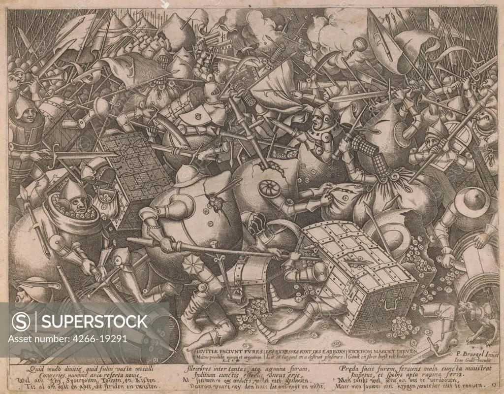 Fight of the Money-Bags and the Coffers by Heyden, Pieter, van der (1538-1572)/ Private Collection/ c. 1560/ Flanders/ Etching/ Baroque/ 23,7x30,4/ Mythology, Allegory and Literature