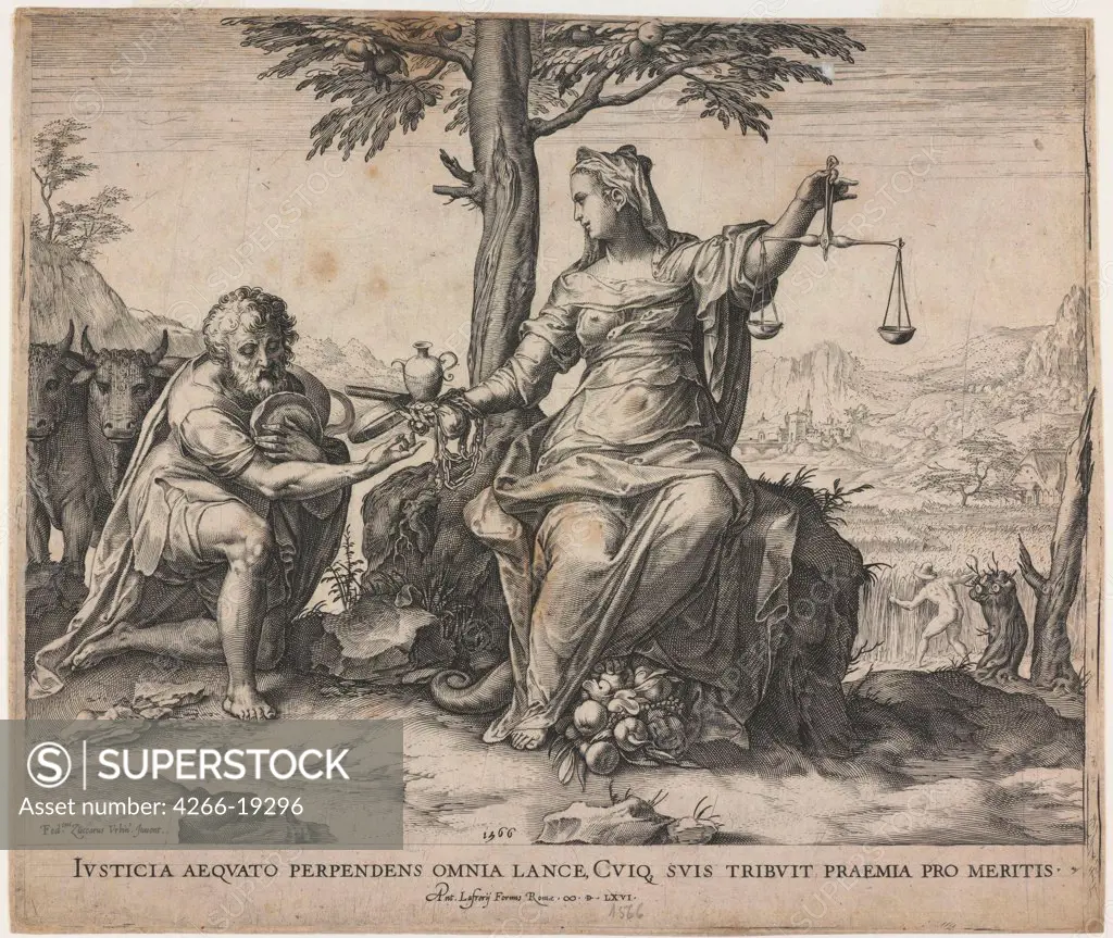 Justice Rewards Toil by Cort, Cornelis (1533-1578)/ Private Collection/ 1566/ The Netherlands/ Etching/ Baroque/ 26,5x31,5/ Mythology, Allegory and Literature