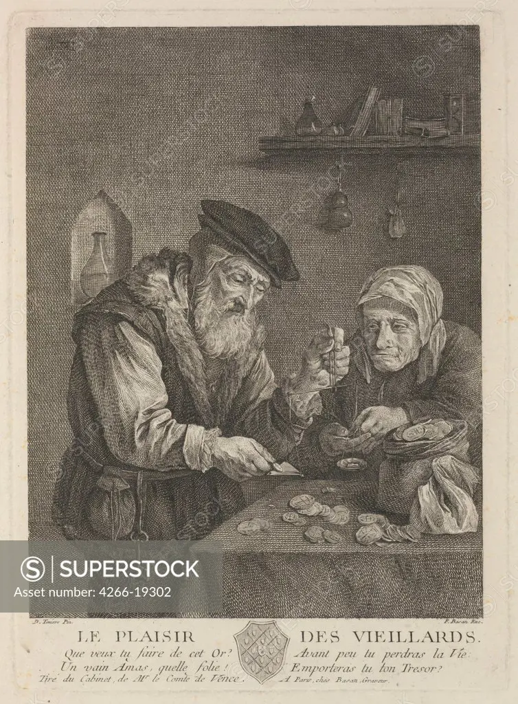 Pleasures of Old Age (after the painting by David Teniers the Younger) by Basan, Pierre-Francois (1723-1797)/ Private Collection/ Mid of the 18th cen./ France/ Etching/ Rococo/ 26,5x19,2/ Genre