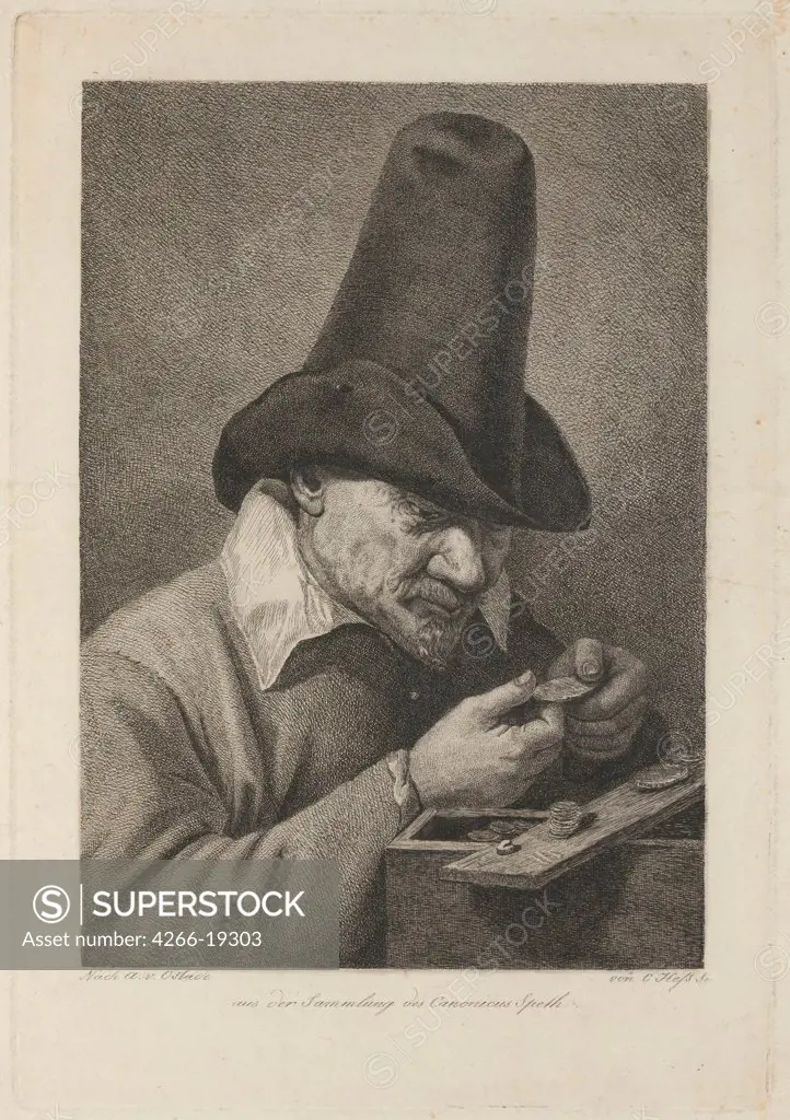 Peasant with Coins by Hess, Carl Ernst Christoph (1755-1828)/ Private Collection/ Second Half of the 18th cen./ Germany/ Copper engraving/ Rococo/ 28,5x19,7/ Genre