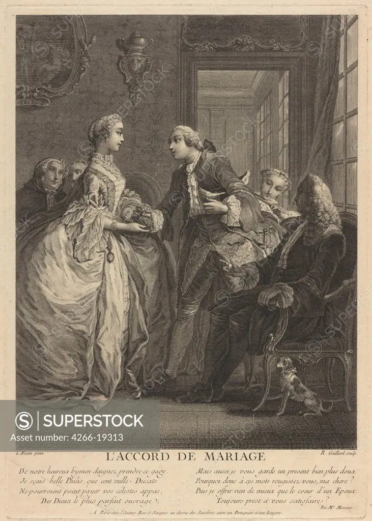 Marriage contract by Eisen, Charles (1720-1778)/ Private Collection/ 18th century/ France/ Etching/ Rococo/ 38x27/ Genre