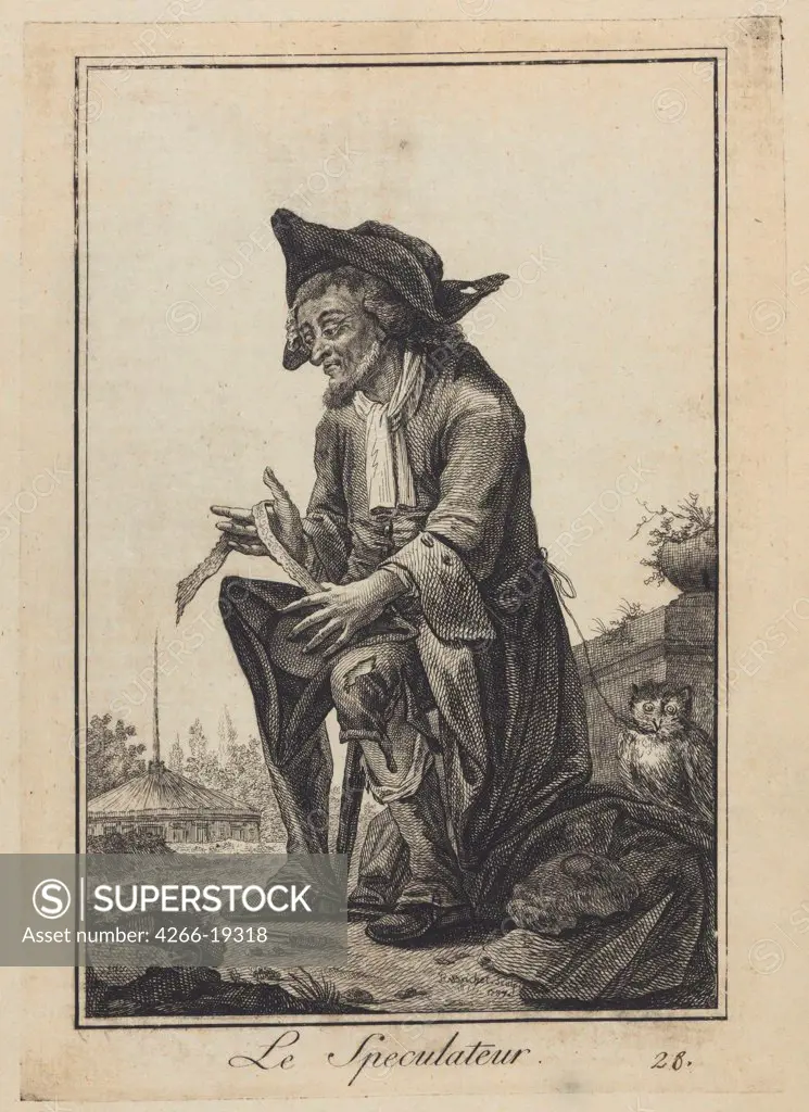 Le Speculateur (The Speculator) by Goez, Joseph Franz, von (1754-1815)/ Private Collection/ 1784/ Germany/ Copper engraving/ Satire/ 23,5x16,2/ Genre