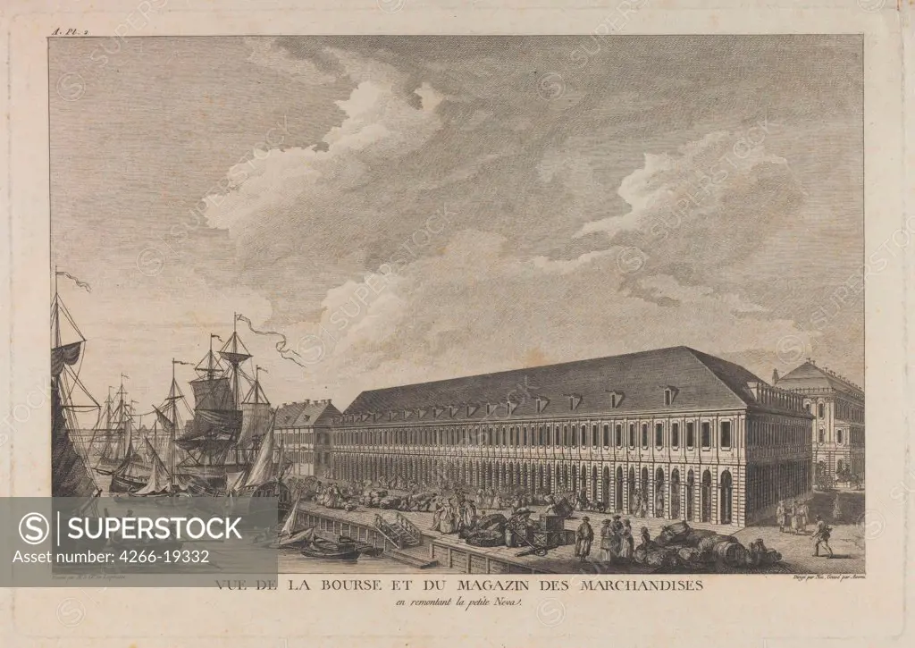 Stock exchange in Saint Petersburg by Auvray, Pierre Laurent (1736-)/ Private Collection/ c. 1785/ France/ Etching/ Classicism/ 24,8x35,5/ Architecture, Interior,Landscape