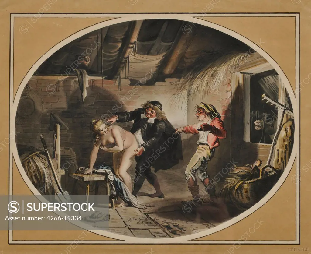 La Jument du compere Pierre (after the poem by Jean de La Fontaine) by Ramberg, Johann Heinrich (1763-1840)/ Private Collection/ 1800/ Germany/ Copper engraving, watercolour/ Rococo/ 33,5x41/ Genre