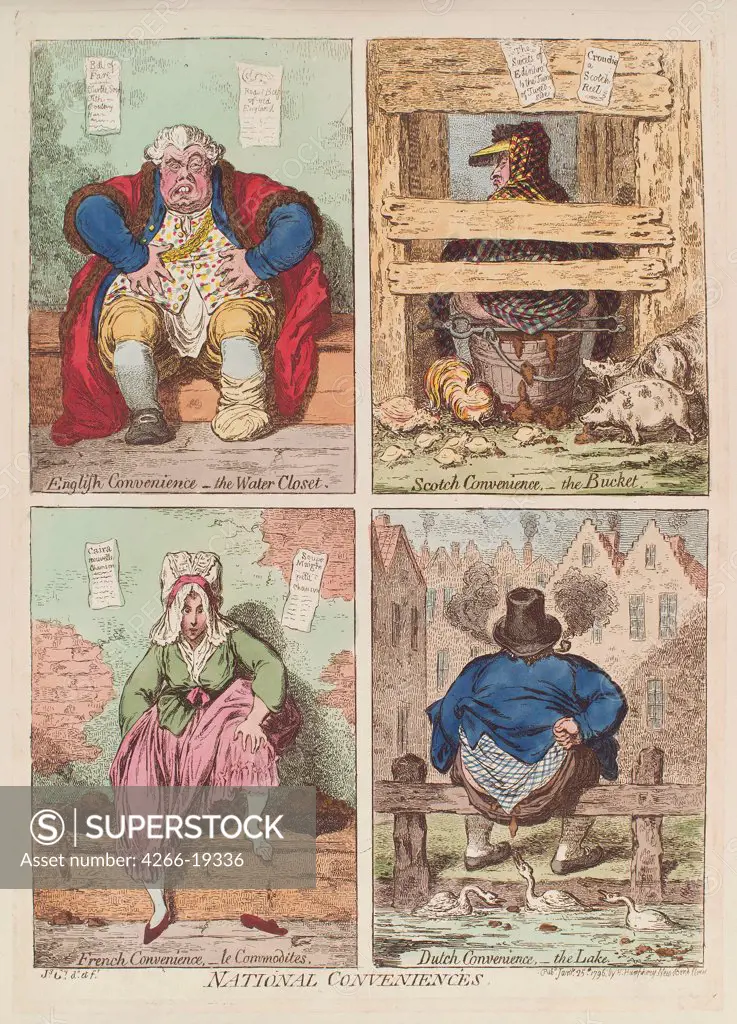 National conveniences by Gillray, James (1757-1815)/ Private Collection/ 1769/ England/ Etching, watercolour/ Caricature/ Genre