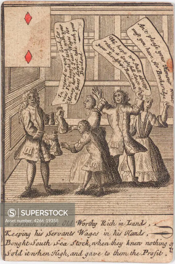 South Sea Bubble Playing Card by Anonymous  / Private Collection/ ca 1720/ England/ Copper engraving, watercolour/ Caricature/ Genre,History
