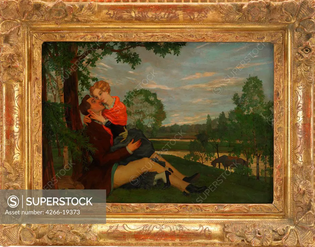 The Lovers by Somov, Konstantin Andreyevich (1869-1939)/ Private Collection/ 1920/ Russia/ Oil on cardboard/ Symbolism/ 27,5x39/ Landscape,Genre
