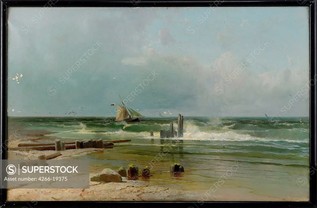 A Sailing boat by the beach by Meshchersky, Arseni Ivanovich (1834-1902)/ Private Collection/ 1891/ Russia/ Oil on canvas/ Realism/ 106,5x164/ Landscape