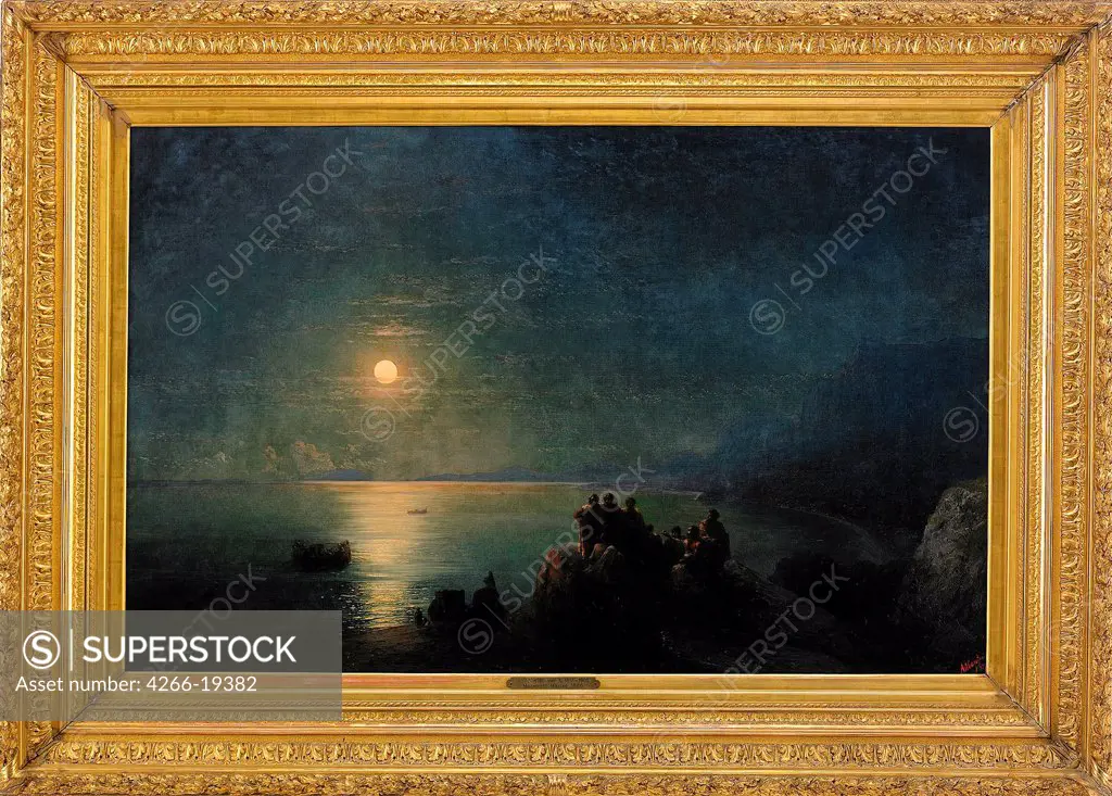 Ancient Greek poets by the water's edge in the Moonlight by Aivazovsky, Ivan Konstantinovich (1817-1900)/ Private Collection/ 1886/ Russia/ Oil on canvas/ Romanticism/ 90x148/ Landscape,Genre