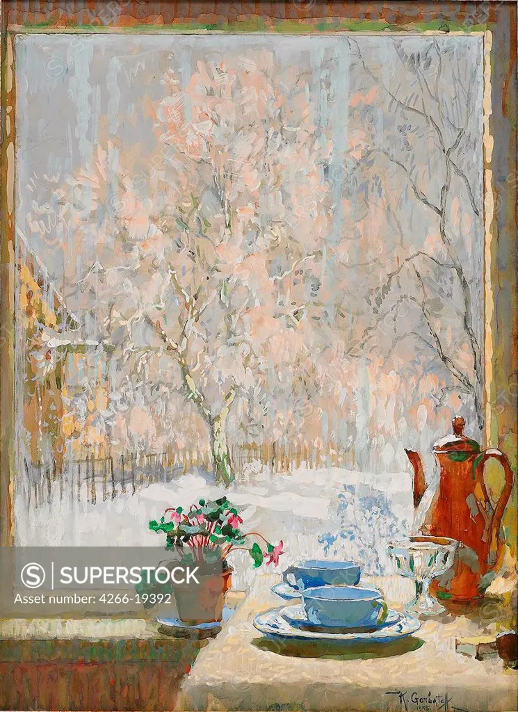 Through the Window in Winter by Gorbatov, Konstantin Ivanovich (1876-1945)/ Private Collection/ 1945/ Russia/ Gouache on cardboard/ Realism/ 47,6x34,9/ Landscape,Still Life