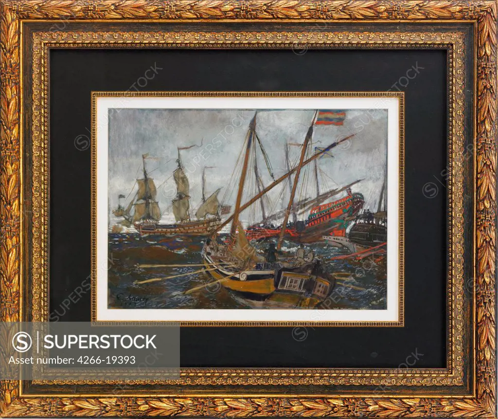 Ships at the Time of Peter I by Lanceray (Lansere), Evgeny Evgenyevich (1875-1946)/ Private Collection/ 1909/ Russia/ Watercolour, Gouache on cardboard/ Russian Painting, End of 19th - Early 20th cen./ 30,5x42/ History