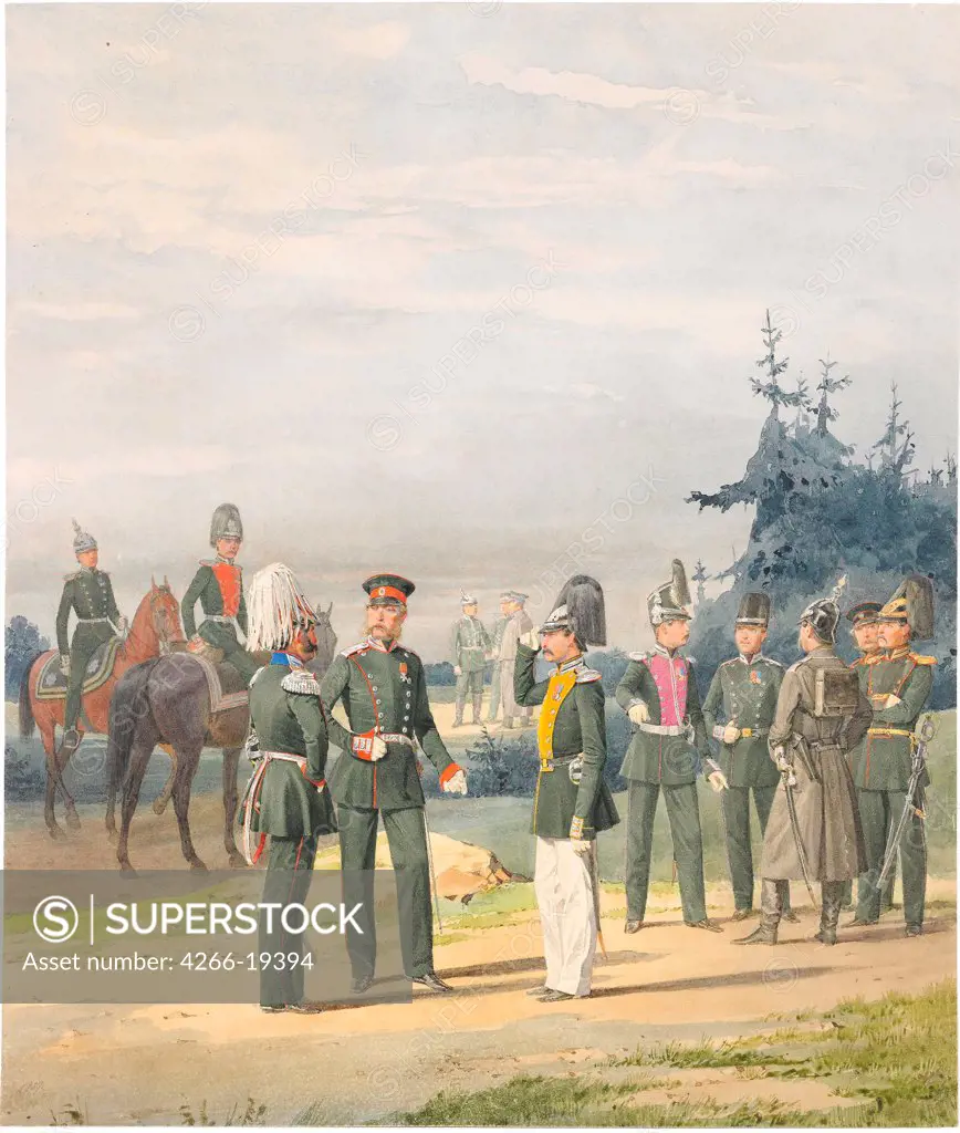 Officers from Uhlan Regiment by Balashov, Pyotr Ivanovich (-1888)/ Private Collection/ 1887/ Russia/ Watercolour and white colour on paper/ Academic art/ 41x35/ Genre,History