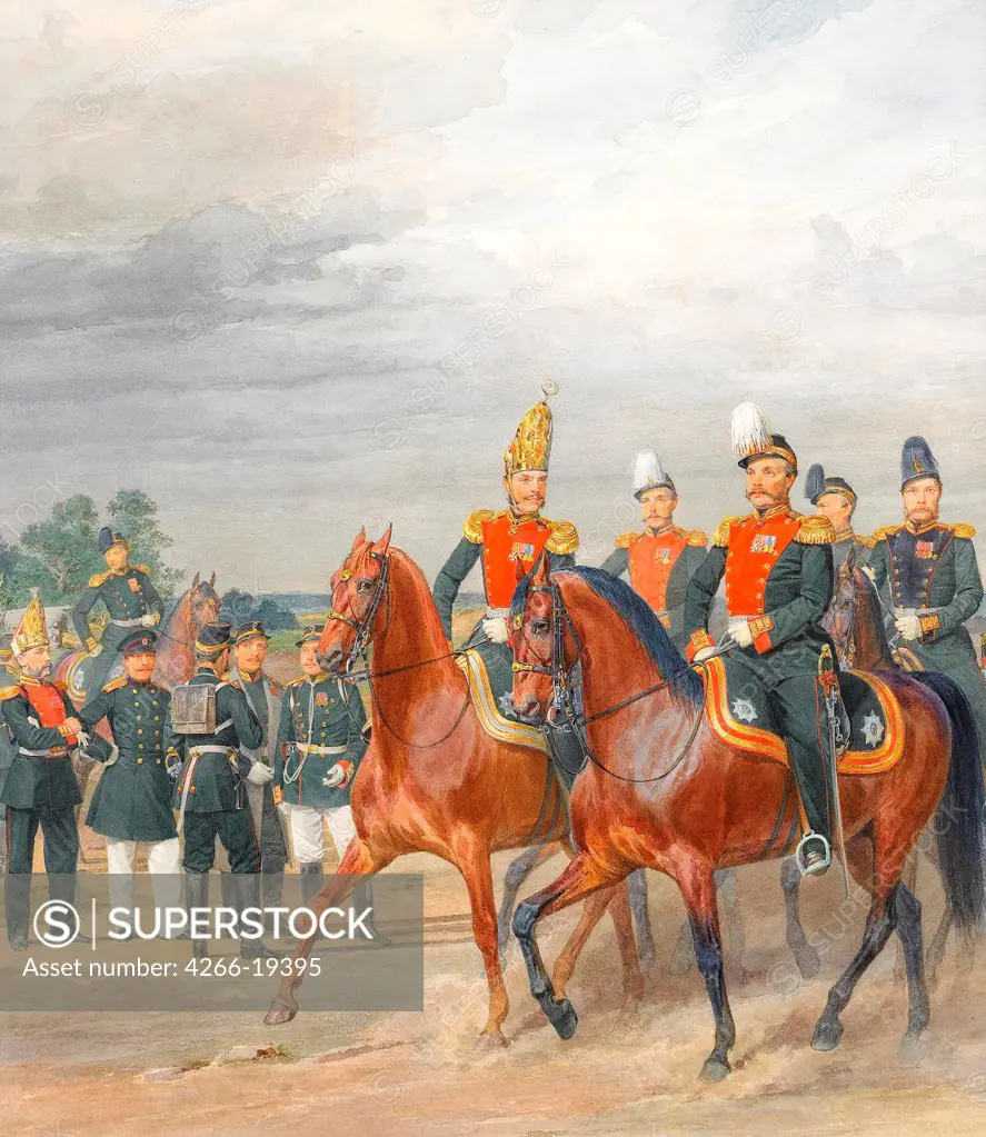 Officers from Cavalry Mounted Regiment by Piratsky, Karl Karlovich (1813-1889)/ Private Collection/ Russia/ Watercolour, Gouache on Paper/ Academic art/ 39,7x34,4/ Genre,History