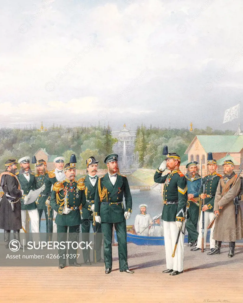 The Leib Guards in Peterhof by Balashov, Pyotr Ivanovich (-1888)/ Private Collection/ 1874/ Russia/ Watercolour and white colour on paper/ Academic art/ Genre,History
