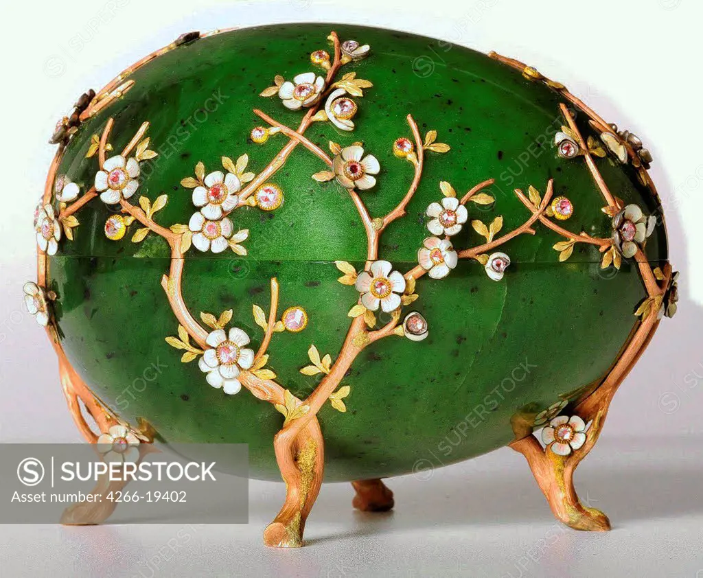 The Apple Blossom Egg by Pershin, Michail, (Faberge manufacture) (19th century)/ Private Collection/ 1901/ Russia/ Gold, enamel, gems/ Art Nouveau/ H 11,5/ Objects
