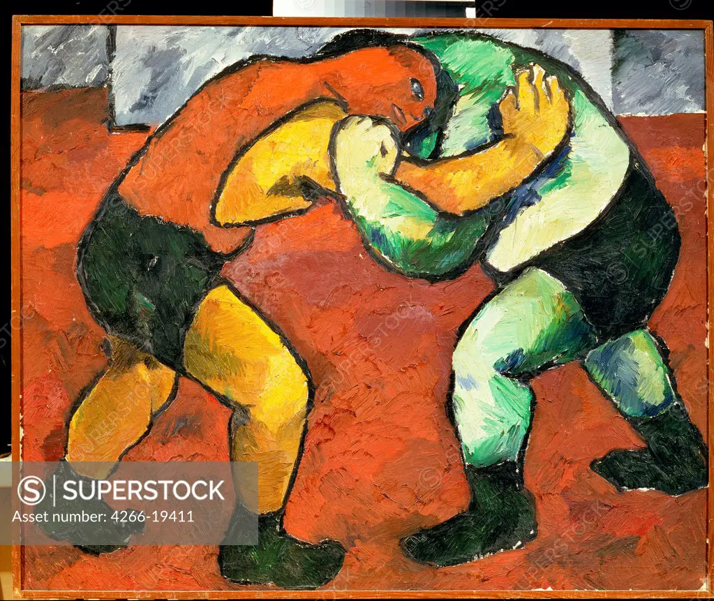 The Wrestlers by Goncharova, Natalia Sergeevna (1881-1962)/ State Russian Museum, St. Petersburg/ 1908-1909/ Russia/ Oil on canvas/ Russian avant-garde/ 100x122/ Genre