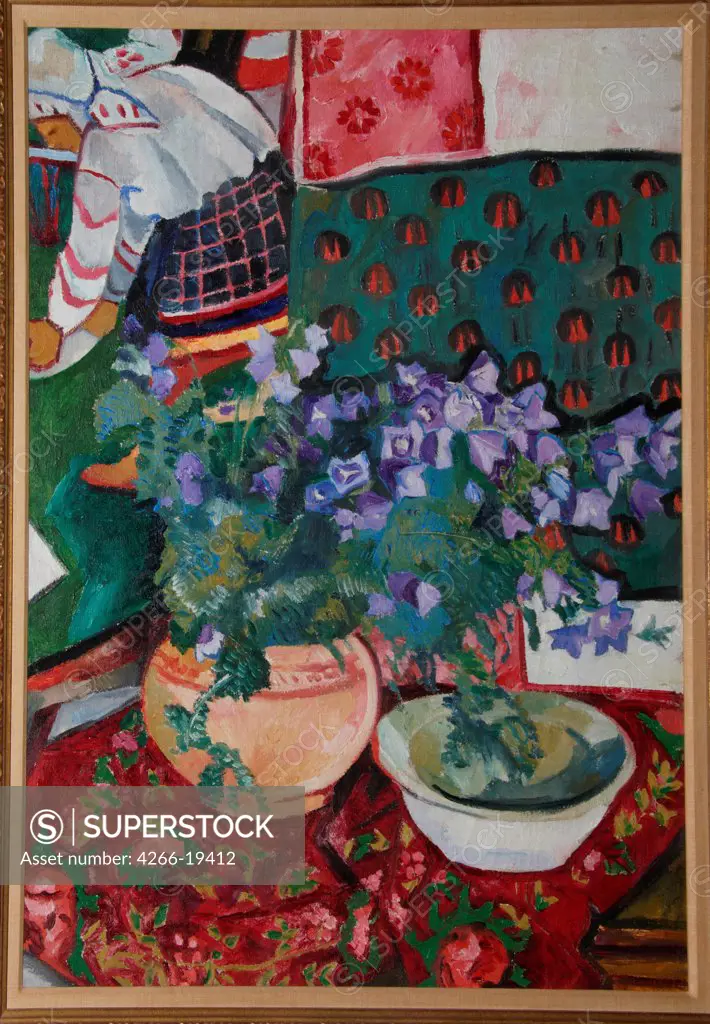 Campanula by Goncharova, Natalia Sergeevna (1881-1962)/ Private Collection/ 1910s/ Russia/ Oil on canvas/ Russian avant-garde/ 100x72,5/ Still Life,Genre