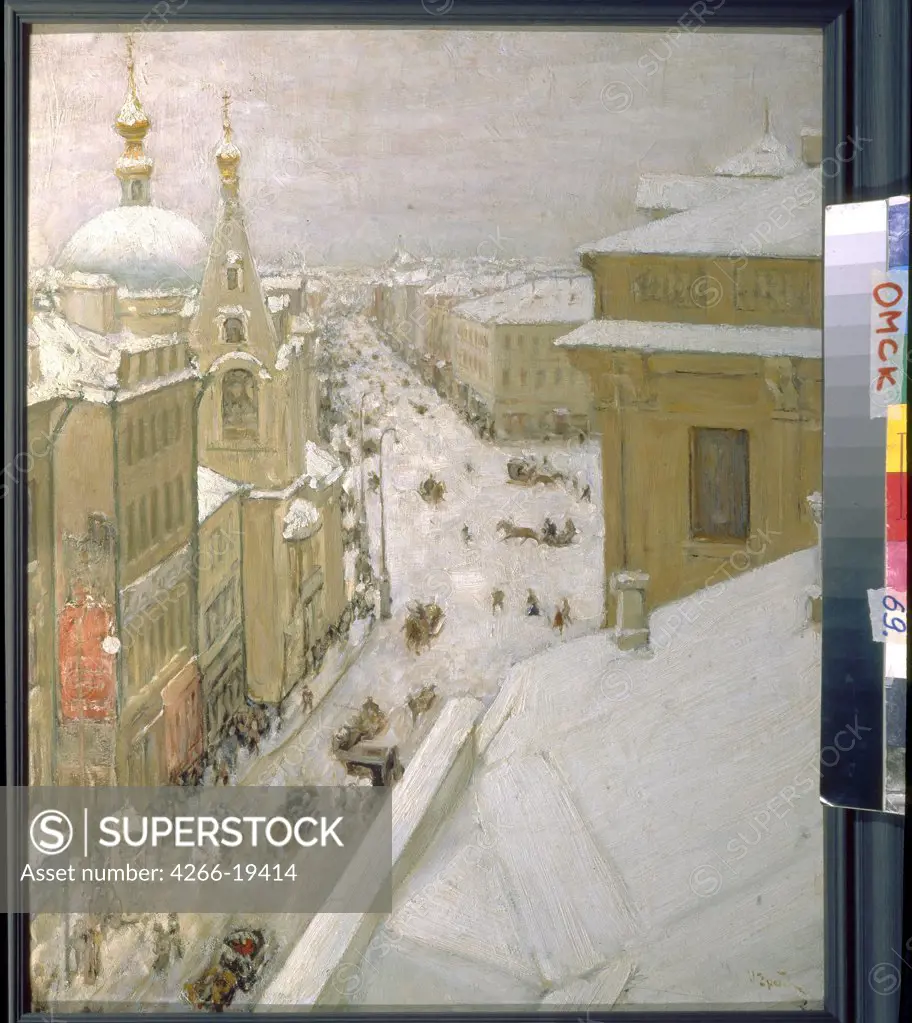 A Moscow Street. Petrovka by Grabar, Igor Emmanuilovich (1871-1960)/ Regional M. Vrubel Art Museum, Omsk/ Russia/ Oil on cardboard/ Postimpressionism/ 59,7x48,5/ Landscape