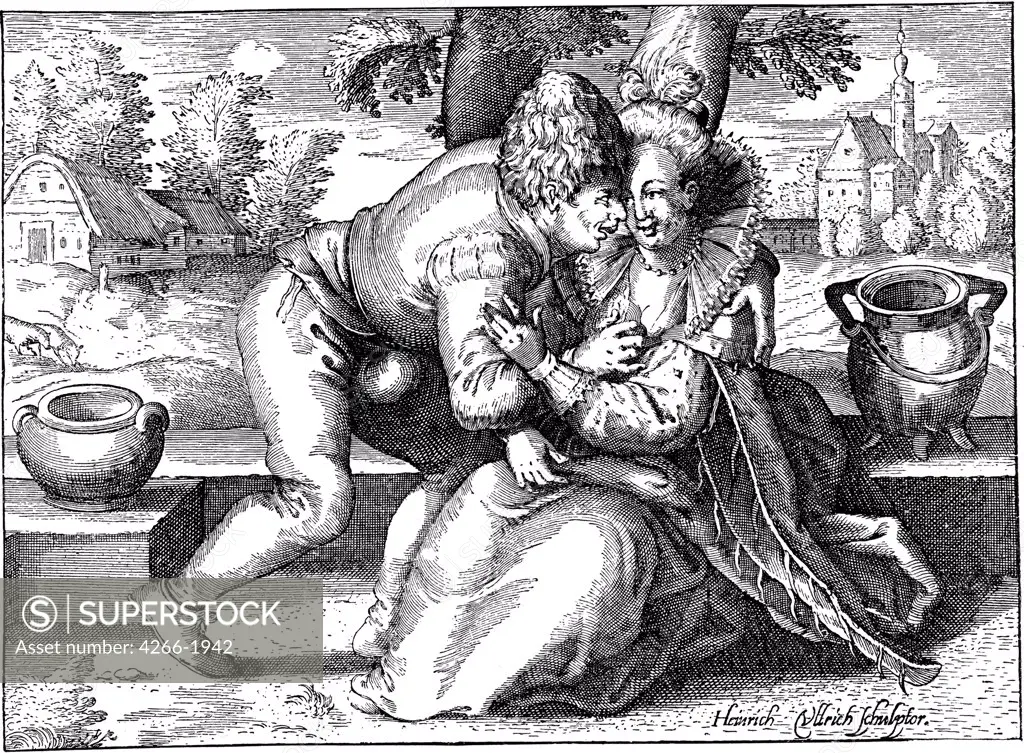 Village lovers by Heinrich Ullrich, Copper engraving, 1570-after 1621, Private Collection