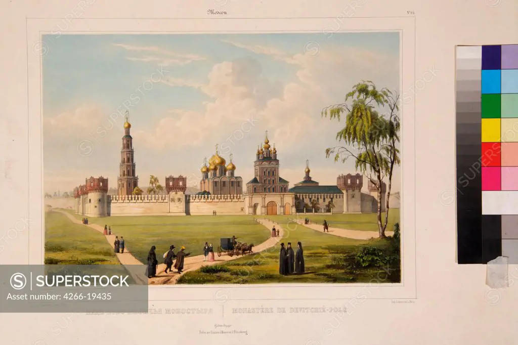 View of the Novodevichy Convent in Moscow by Bachelier, Charles-Claude (First half of 19th cen.)/ Museum of Private Collections in A. Pushkin Museum of Fine Arts, Moscow/ 1840s/ France/ Lithograph, watercolour/ Neoclassicism/ Architecture, Interior,Lands